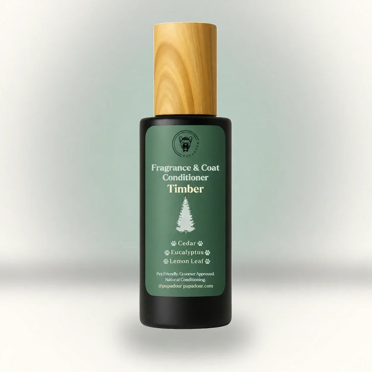 Pupadour Timber fragrance and coat conditioner bottle with a green label and wooden cap.