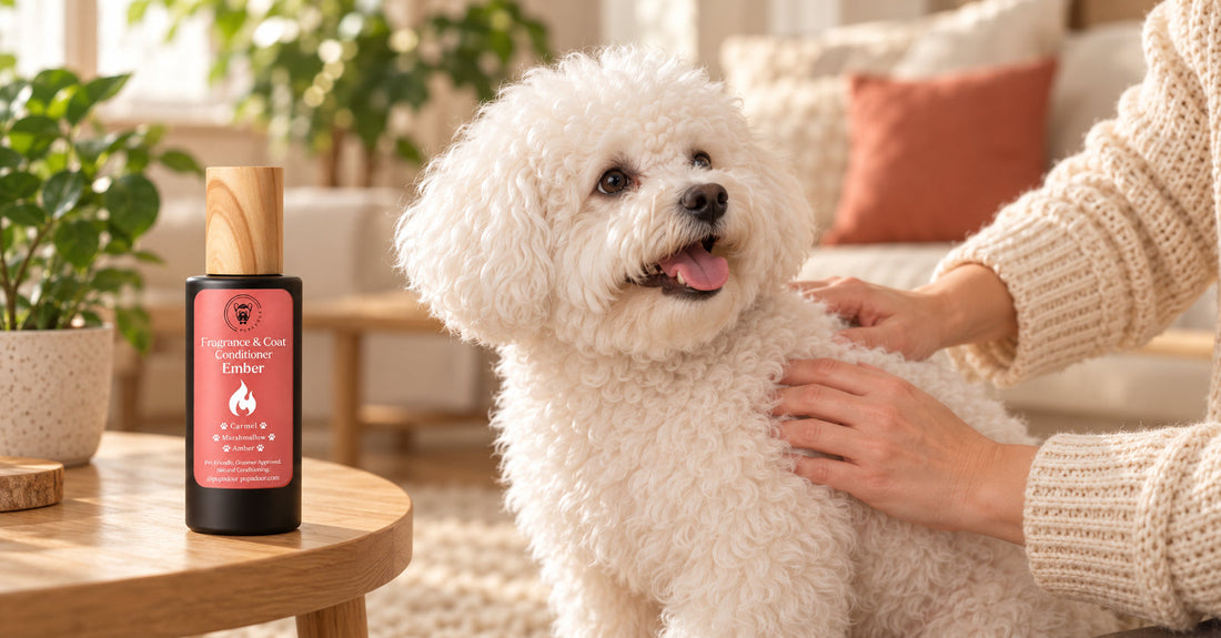 A fluffy Bichon Frise enjoying a gentle coat rub beside a Pupadour Ember bottle.