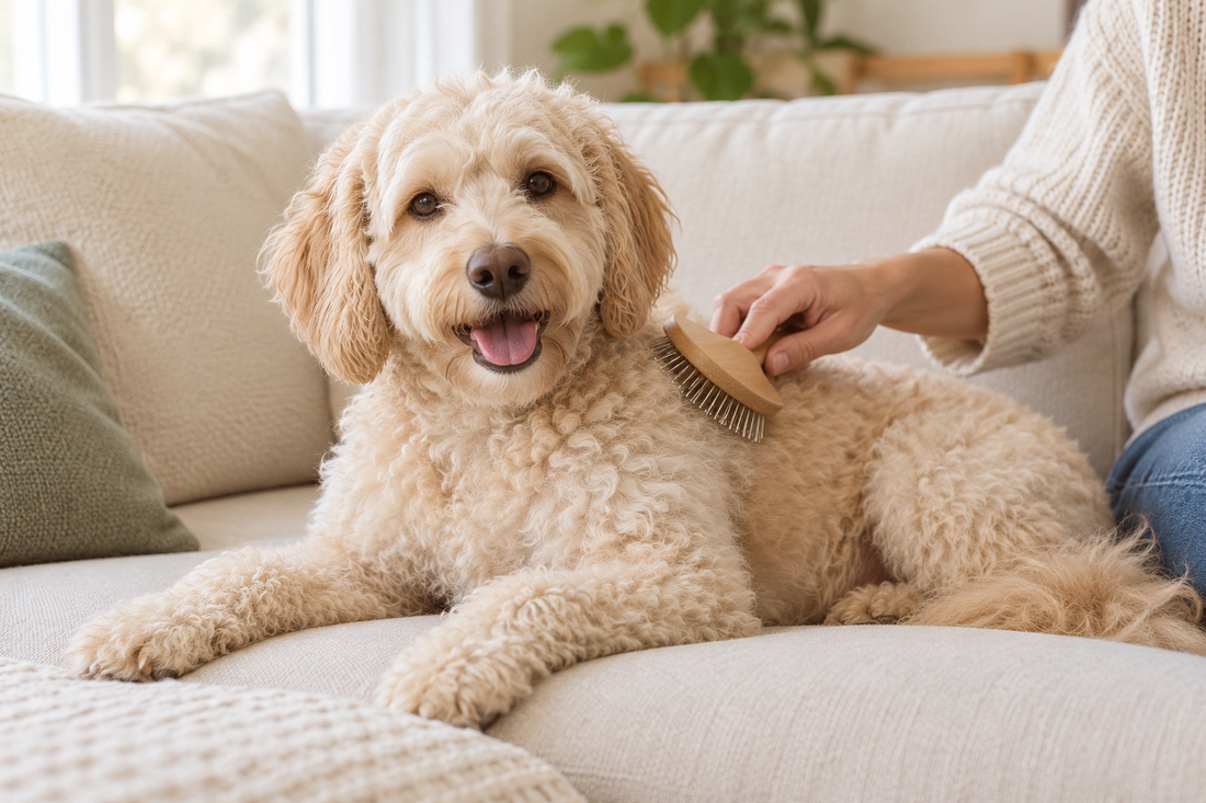 A cream curly-coated dog having its shoulder brushed at home.