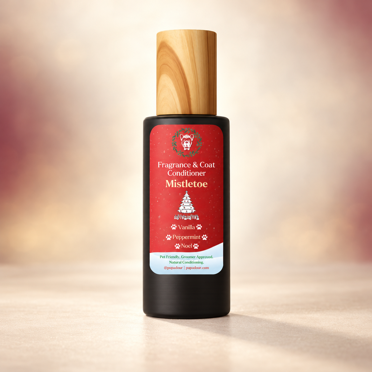 Pupadour Mistletoe fragrance and coat conditioner in a red-label Signature bottle with wood-look cap.
