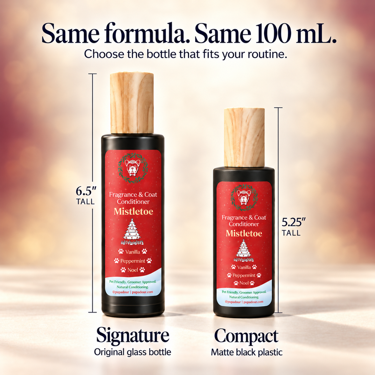 Mistletoe bottle-format comparison: Signature glass and planned Compact matte black plastic, both 100 mL.