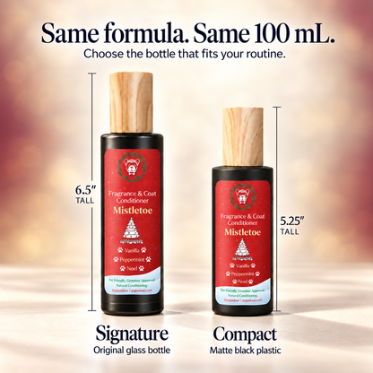 Mistletoe bottle-format comparison: Signature glass and planned Compact matte black plastic, both 100 mL.