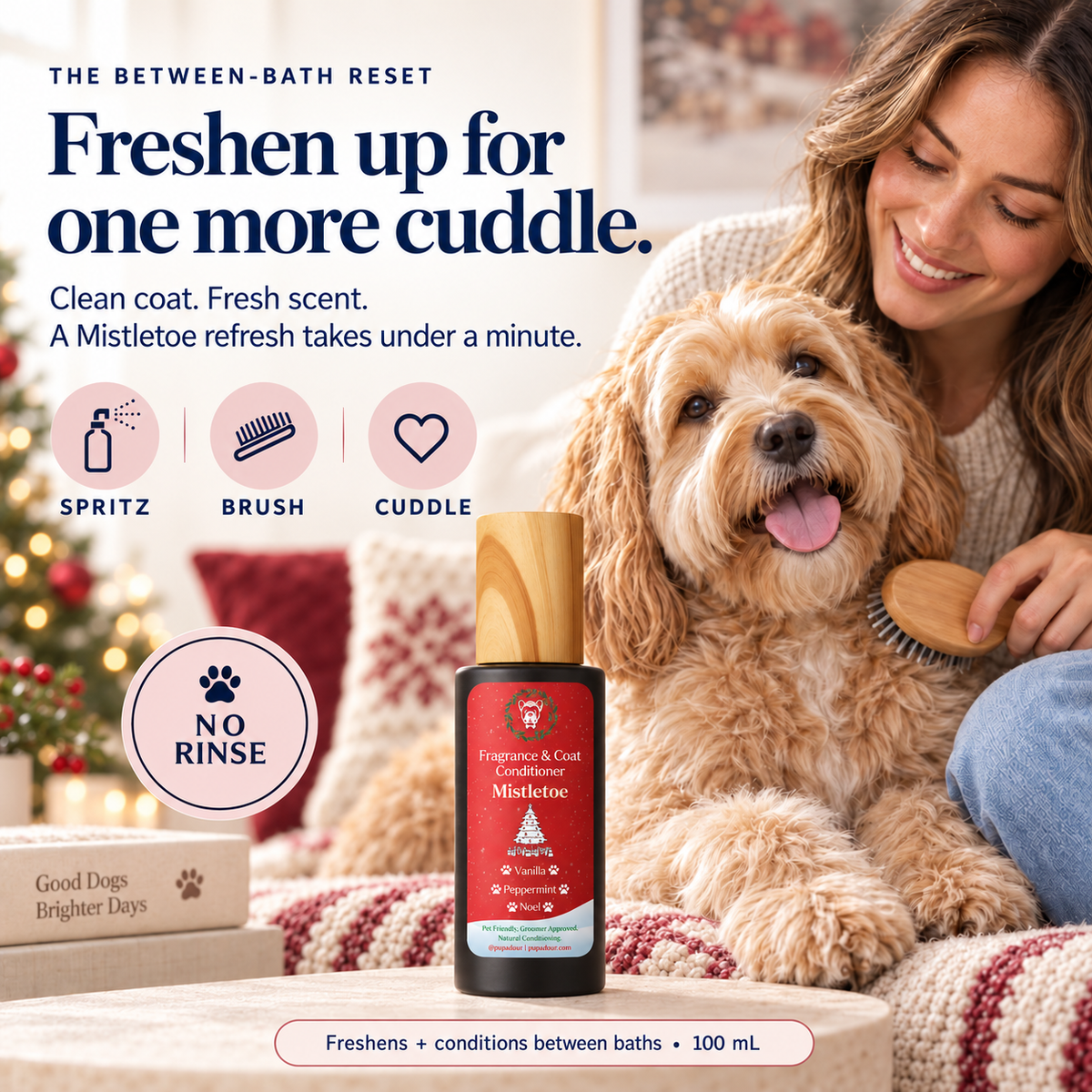 A dog parent brushes a clean-coated dog beside Mistletoe, illustrating spritz, brush and cuddle.