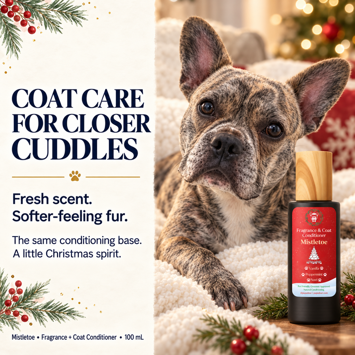 Illustrated Mistletoe lifestyle scene with a French bulldog and fresh-scent, softer-feeling-fur benefits; not a customer testimonial.