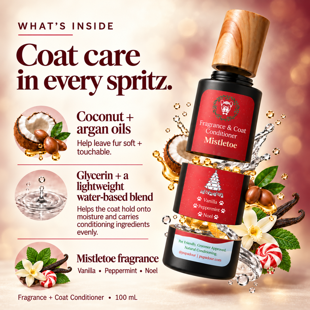 Mistletoe holiday fragrance and lightweight coat-conditioning ingredients