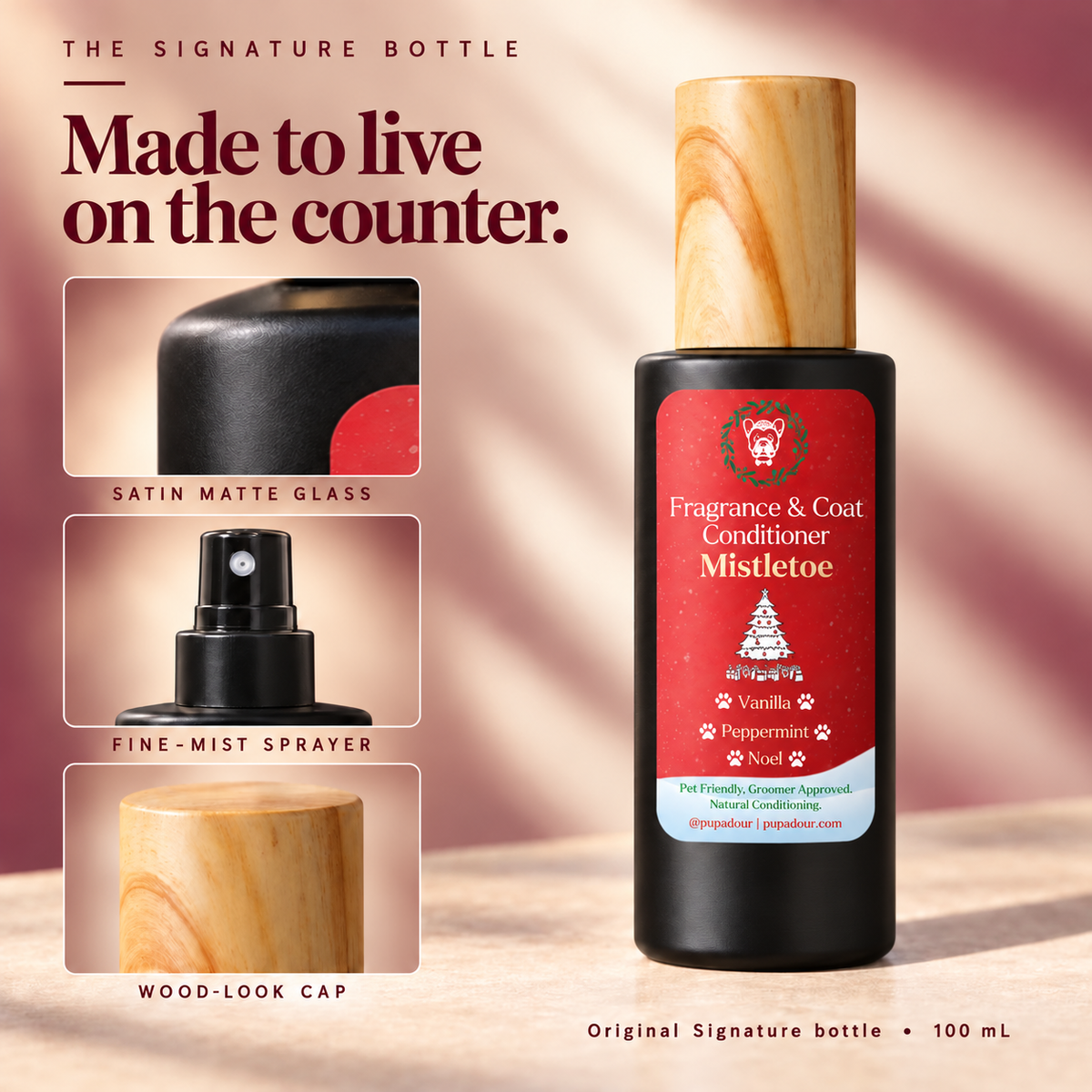 Mistletoe Signature bottle details: satin matte glass, fine-mist sprayer and wood-look cap.