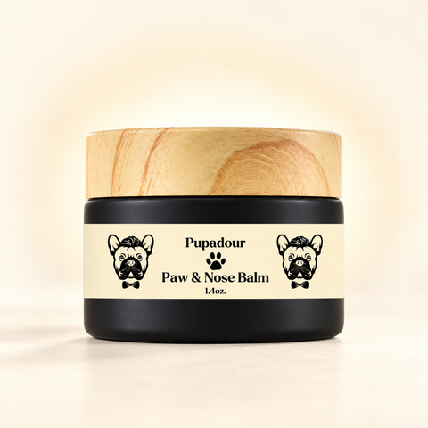 Pupadour unscented Nose & Paw Balm, 1.4 oz, in a matte black jar with a cream label and wood-look lid.