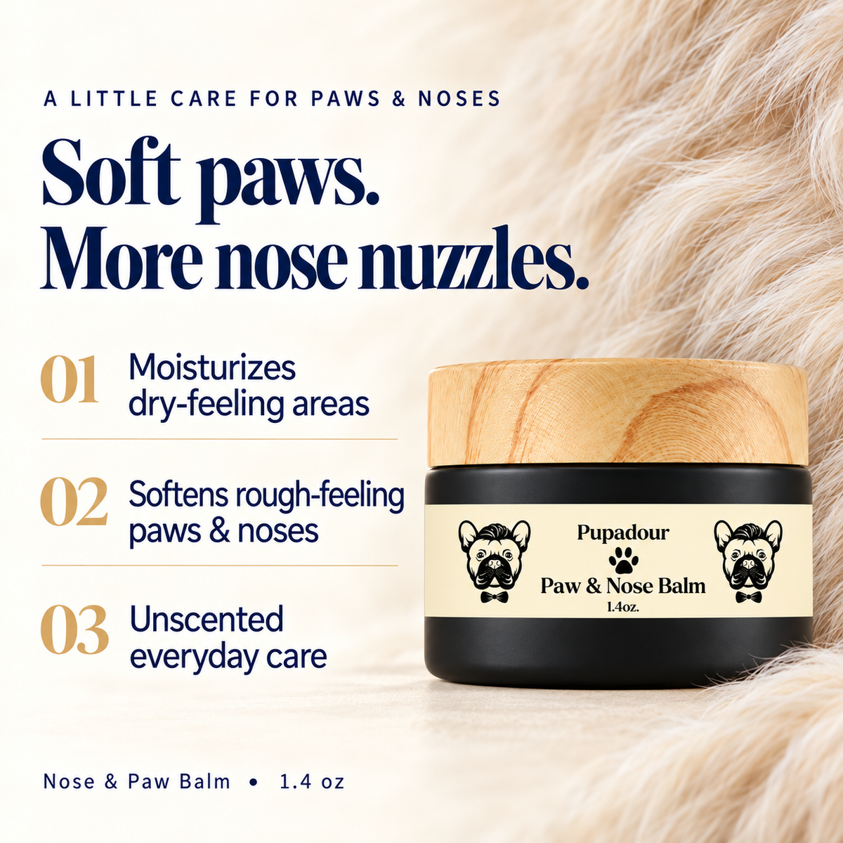 Nose & Paw Balm benefits: moisturizes dry-feeling areas, softens rough-feeling paws and noses, and provides unscented everyday care.
