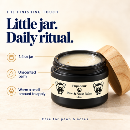 Pupadour's 1.4 oz unscented Nose & Paw Balm jar, shown open with its wood-look lid.