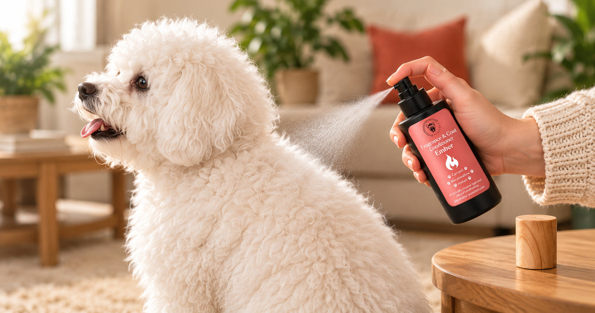 An uncapped Ember sprayer mists a Bichon Frise's body coat, safely away from its face.