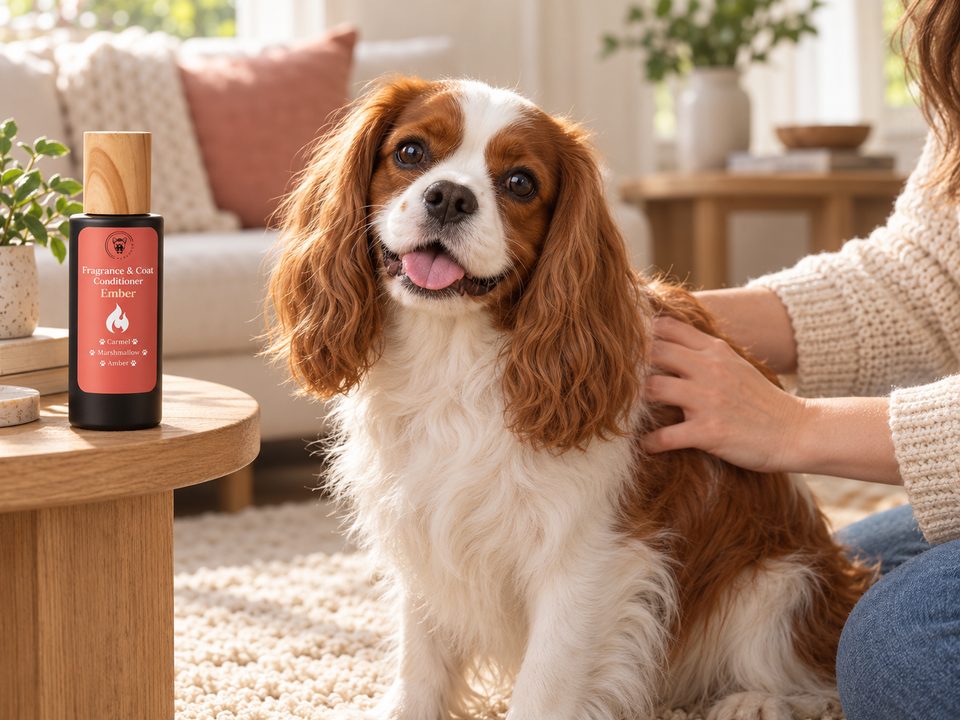 A chestnut-and-white Cavalier spaniel having its coat gently rubbed, with a capped Pupadour Ember bottle on a side table.