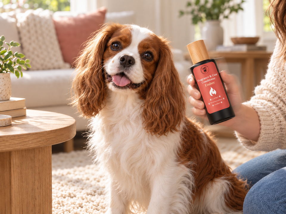 A chestnut-and-white Cavalier spaniel beside a hand holding a capped Pupadour Ember bottle for the shake step.