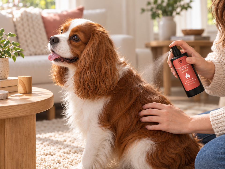 An uncapped Pupadour Ember sprayer misting a Cavalier spaniel's body coat, away from its face.