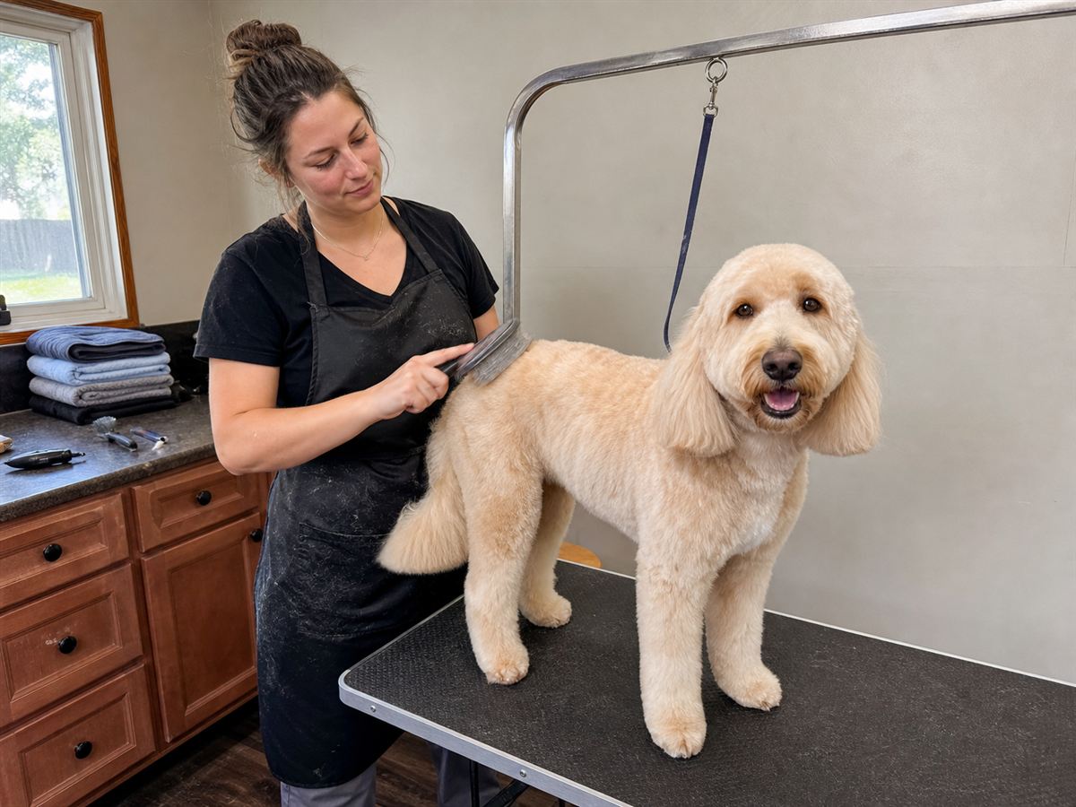 A groomer brushing a clean, dry dog on a grooming table
