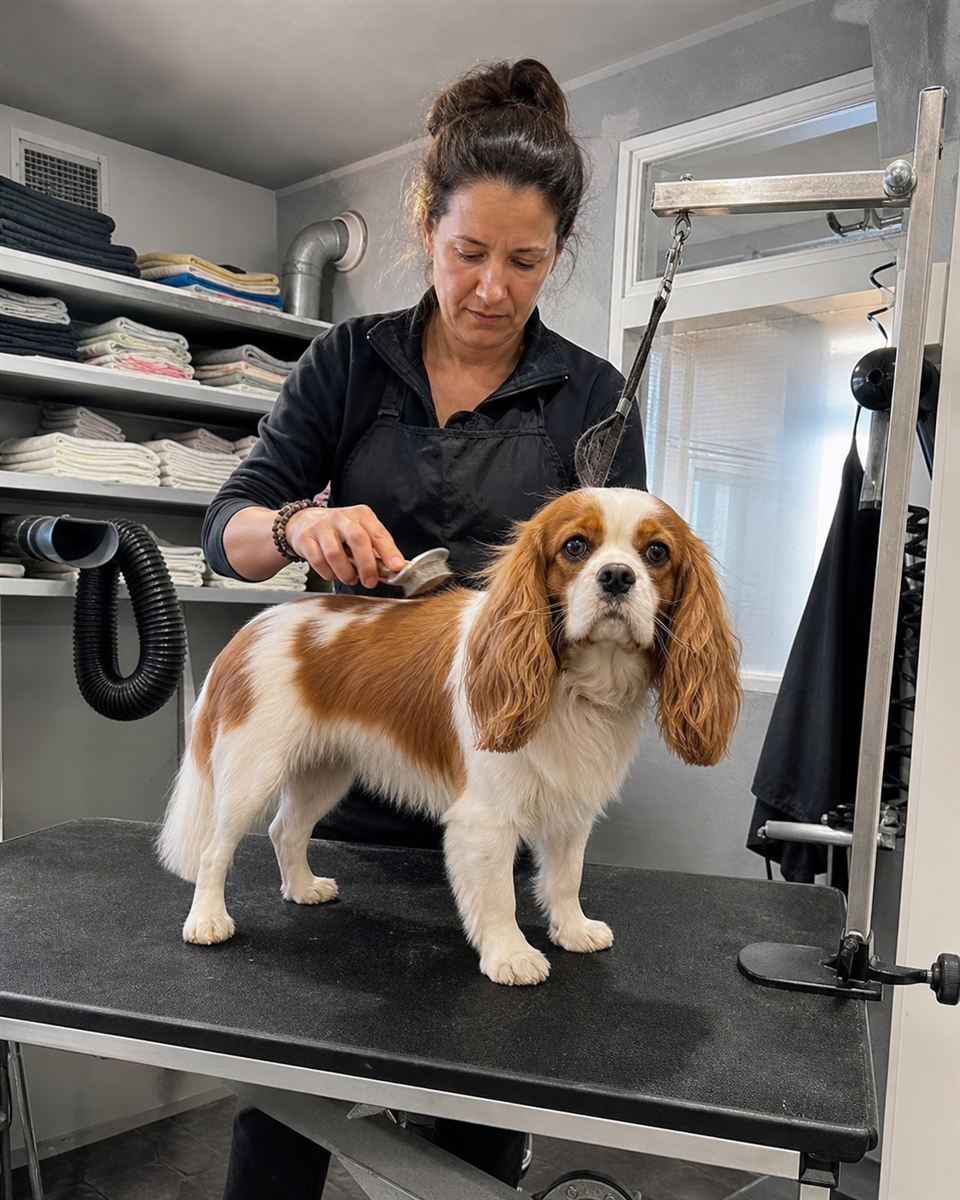 A groomer completing a final brush-through on a spaniel