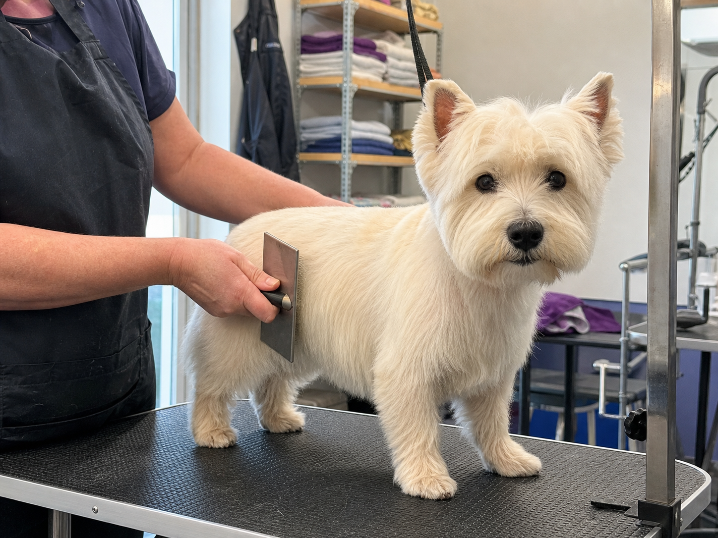 A groomer brushing a clean, dry dog coat
