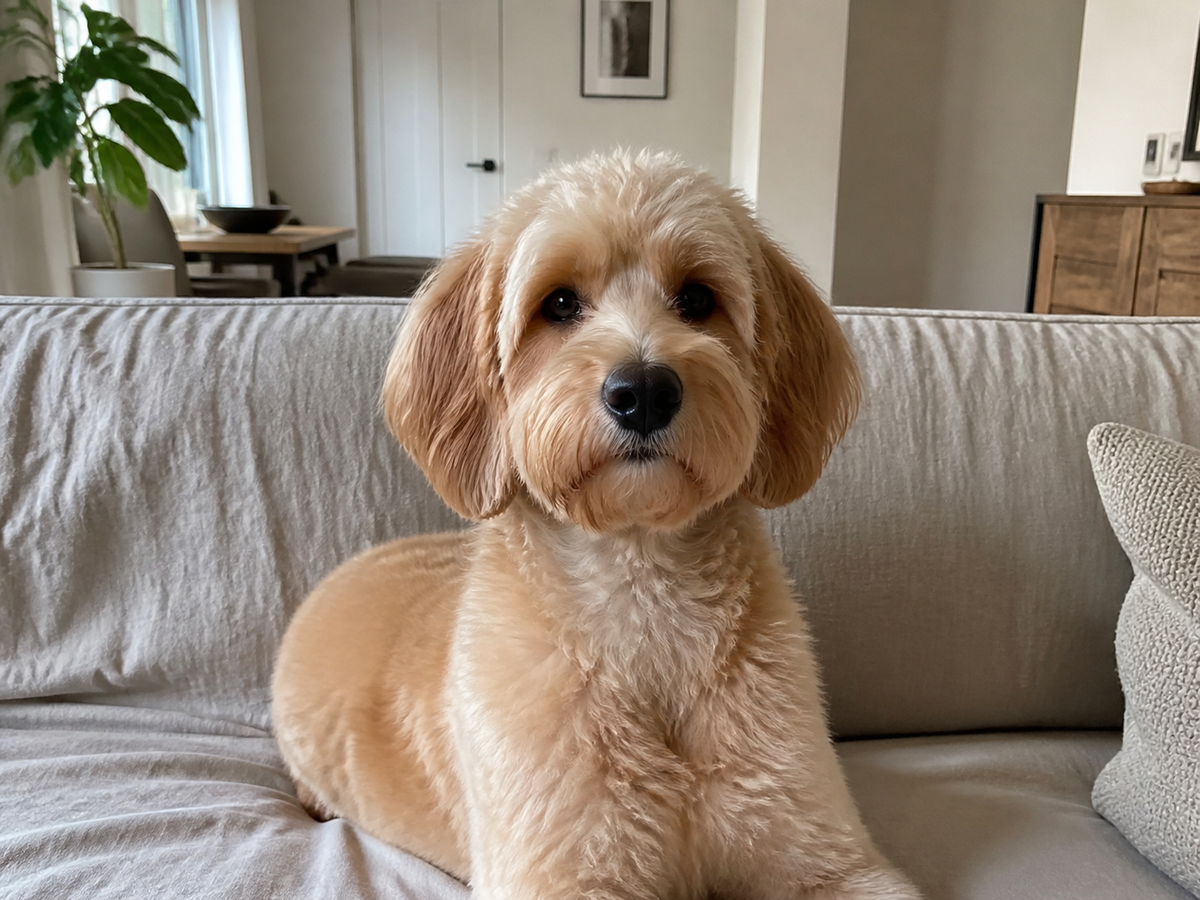 A freshly groomed apricot dog relaxing at home