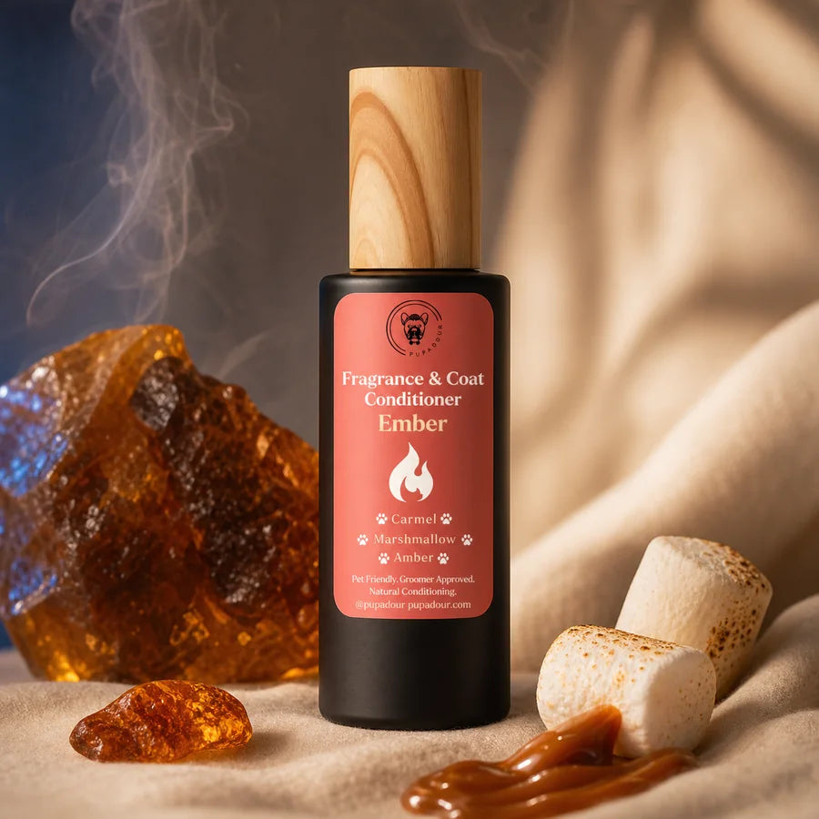 Ember fragrance and coat conditioner in a warm cozy scene