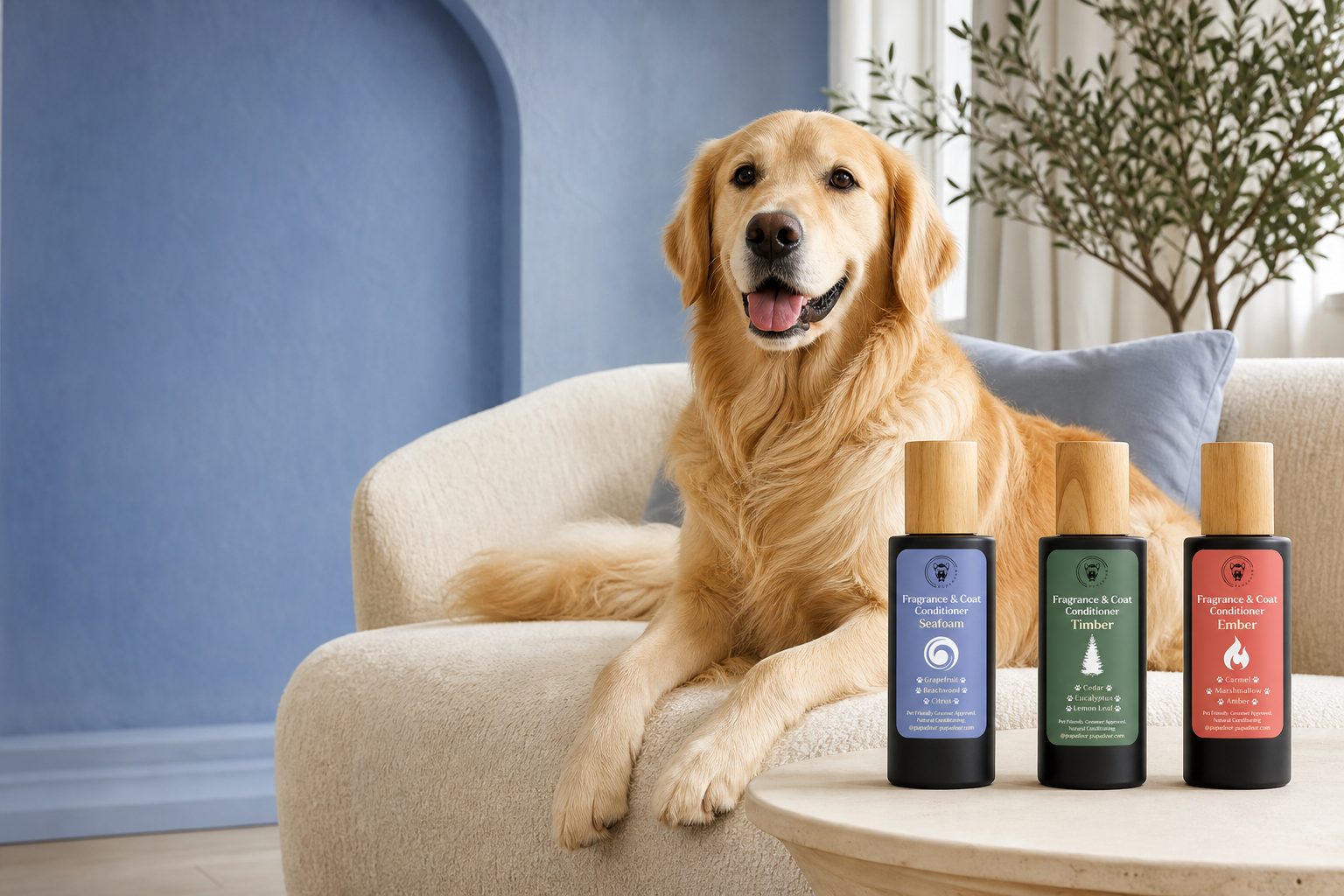 A soft-coated golden retriever beside the Seafoam, Timber and Ember bottles