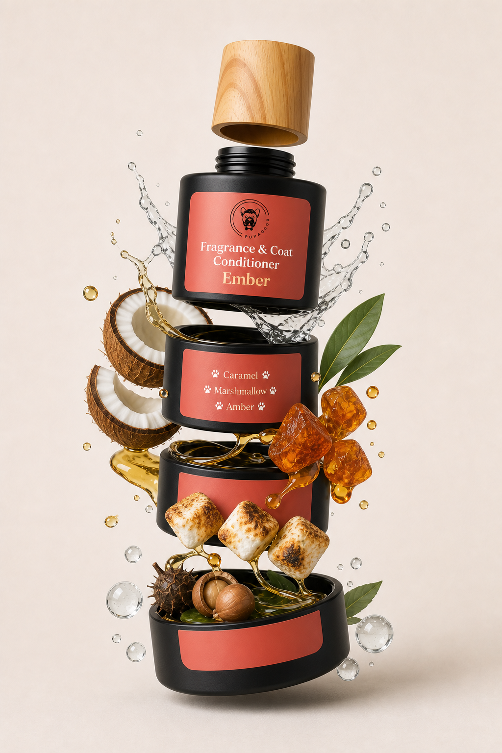 An exploded Ember bottle with caramel, marshmallow, amber and conditioning ingredients