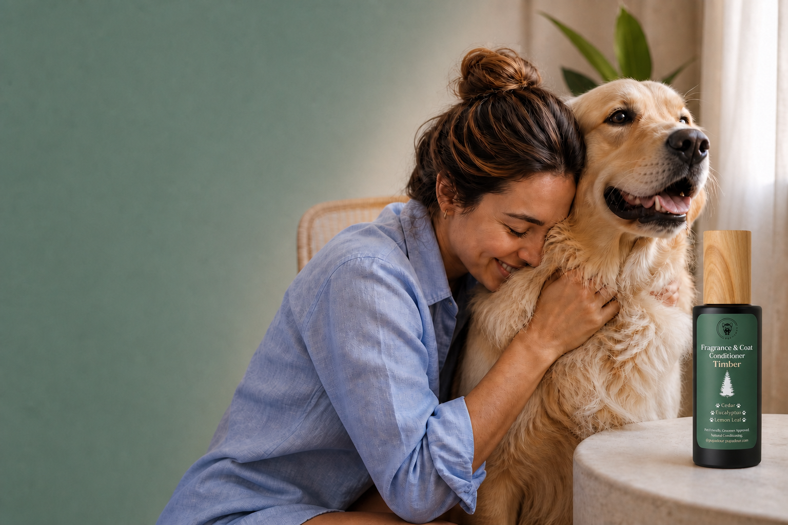 A dog parent happily burying her face in her dog's soft fur beside a Timber bottle