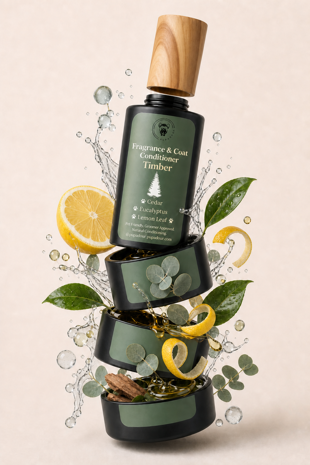 An exploded Timber bottle with cedar, eucalyptus, lemon leaf and conditioning ingredients