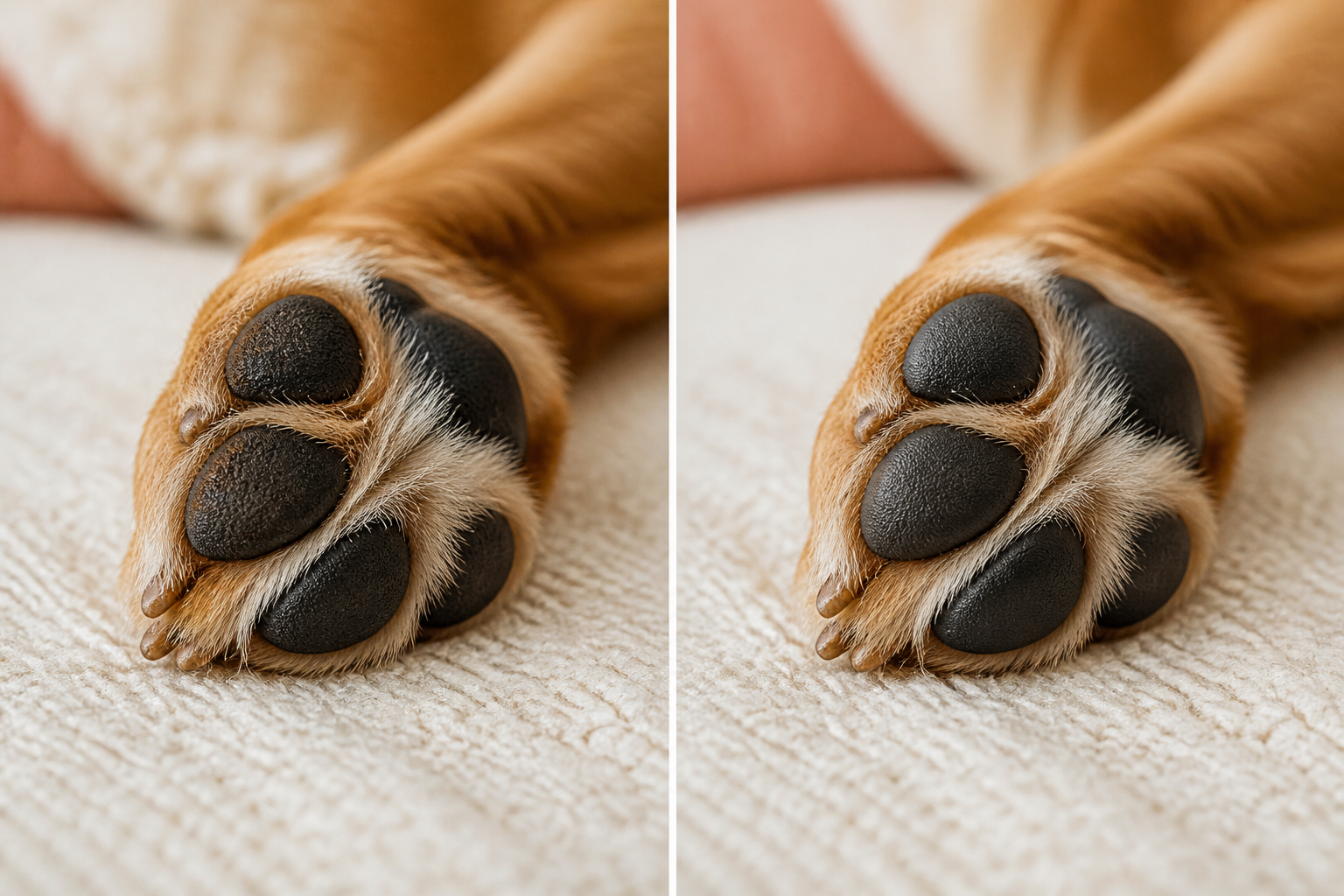 A close-up comparison of a dry-looking dog paw and a moisturized-looking dog paw