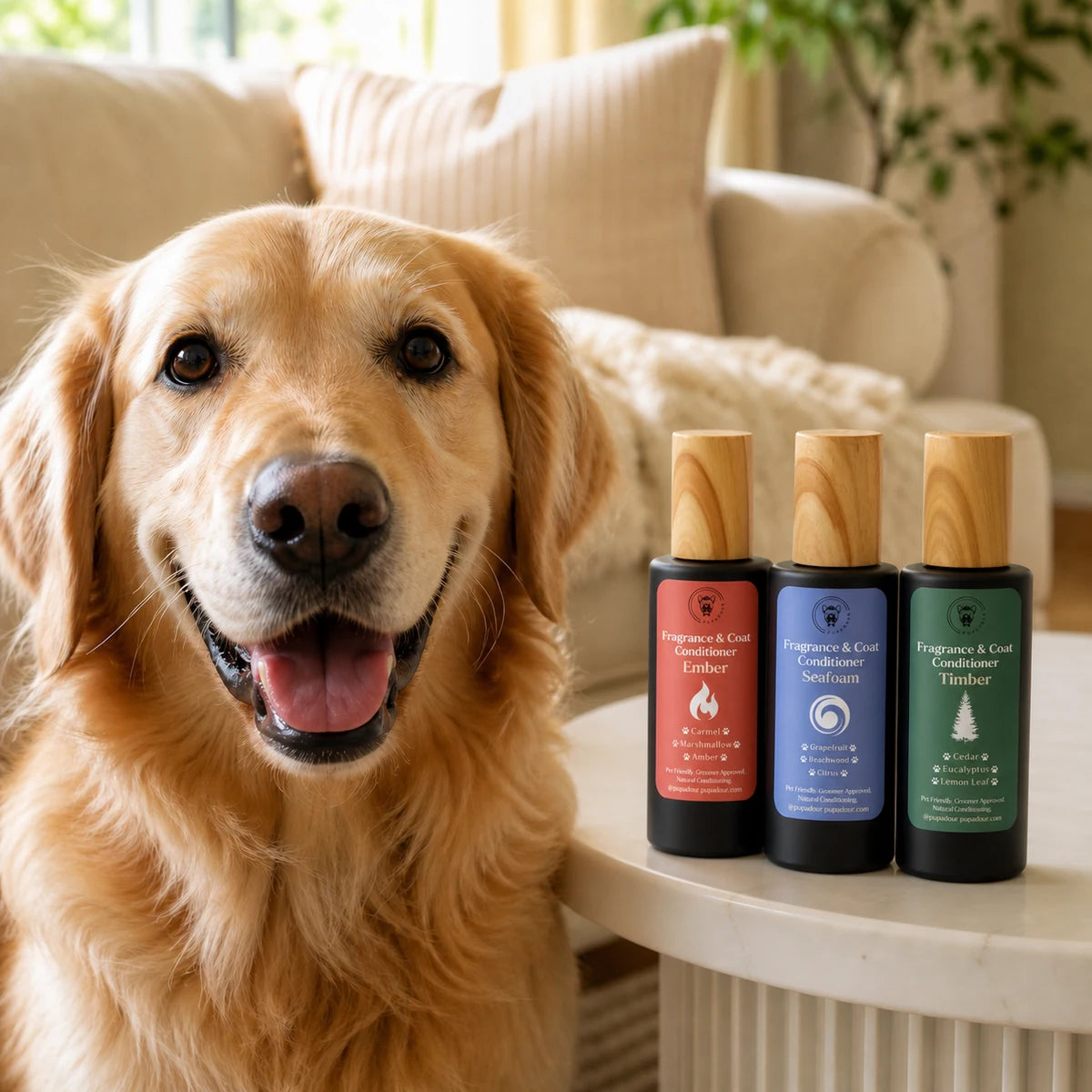 A happy dog at home beside Pupadour's three signature coat mists
