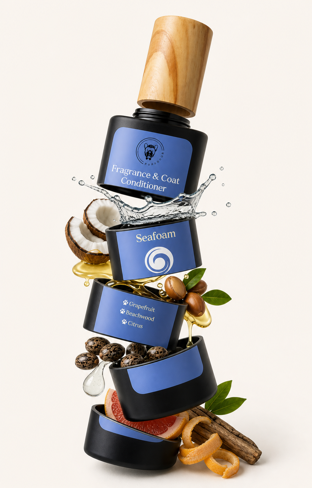 An exploded Pupadour coat-mist bottle showing the conditioning base and scent ingredients